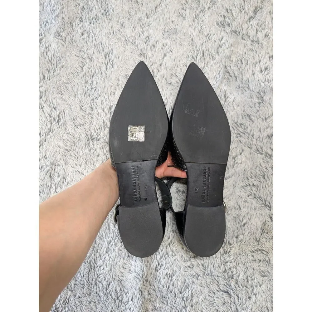 NEW Freda Salvador D'orsay Flats Black Point Ankle Strap Leather Croc Size 7